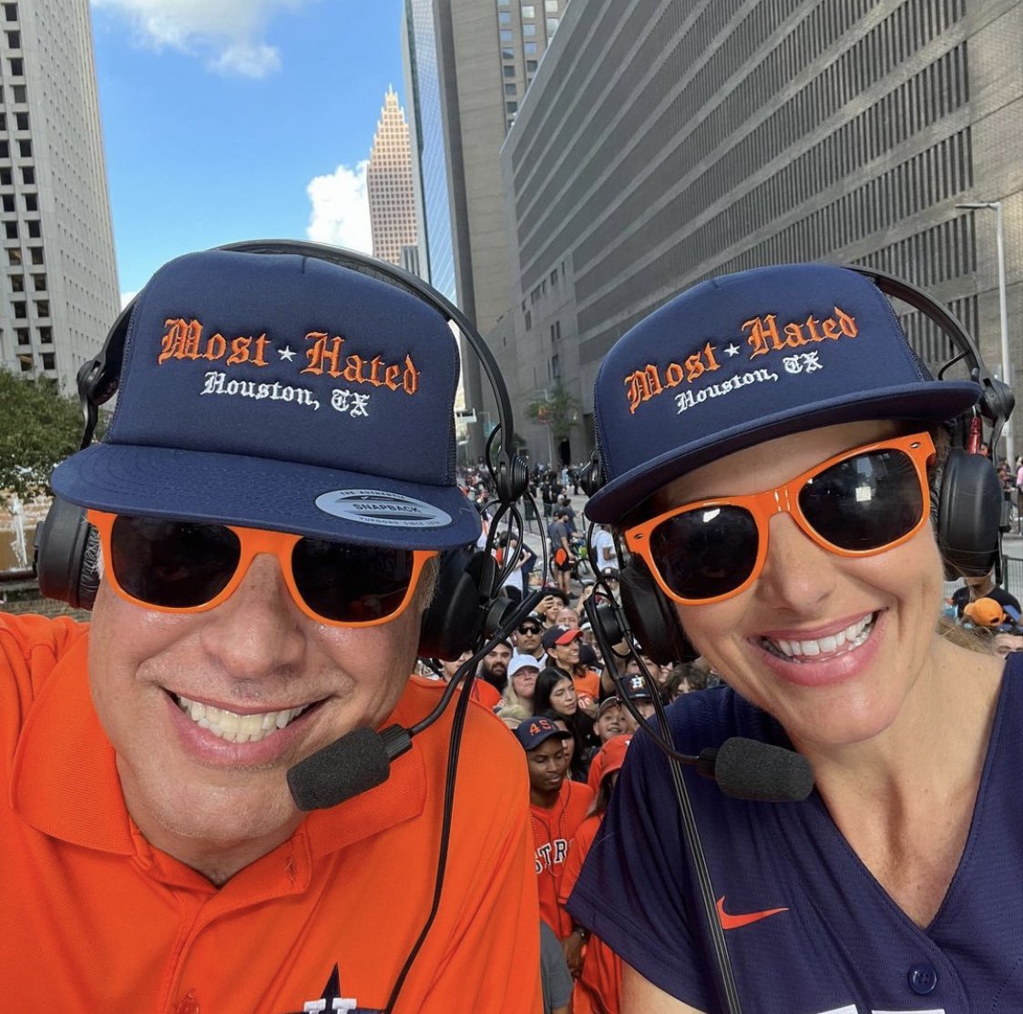 WeRunGame's tweet photo. HTown! This picture sums up this season for us. Still Smiling. Still Most Hated team in MLB. WORLD CHAMPS! 🏆 Thnx @fox26ruben and @sallymacfox26 for rocking our Most Hated truckers for parade coverage yesterday! @fox26houston Runs Game. 🤘 #MostHated #HTownBaseball #WeRunGame https://t.co/crSPATnH3L