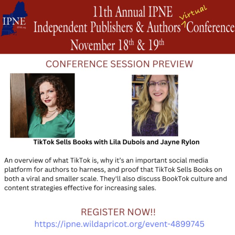 IPNE's tweet photo. It's the future of #BookMarketing Don't miss "#TikTok Sells Books"  with Lila Dubois and @JayneRylon  https://t.co/3A4QLRymBV, Nov. 18-19!
#booktok https://t.co/7wKPEav4Qw