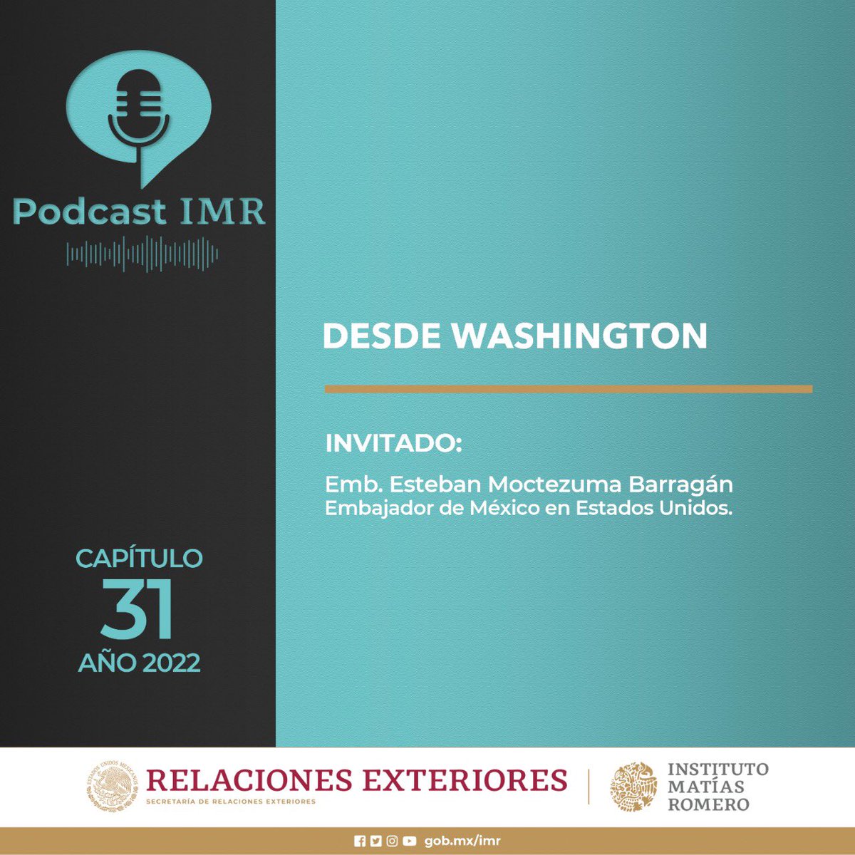 imatiasromero's tweet photo. #PodcastIMR 🎙
“Desde Washington” es nuestro capítulo 31 en el que @emoctezumab, Embajador de Mexico en Estados Unidos aborda la relación #bilateral entre ambas naciones, y particularmente habla de la comunidad mexicana en EUA.

➡️Escúchalo en #spotify https://t.co/wMWfNnB7st https://t.co/a4BLwV5eEH