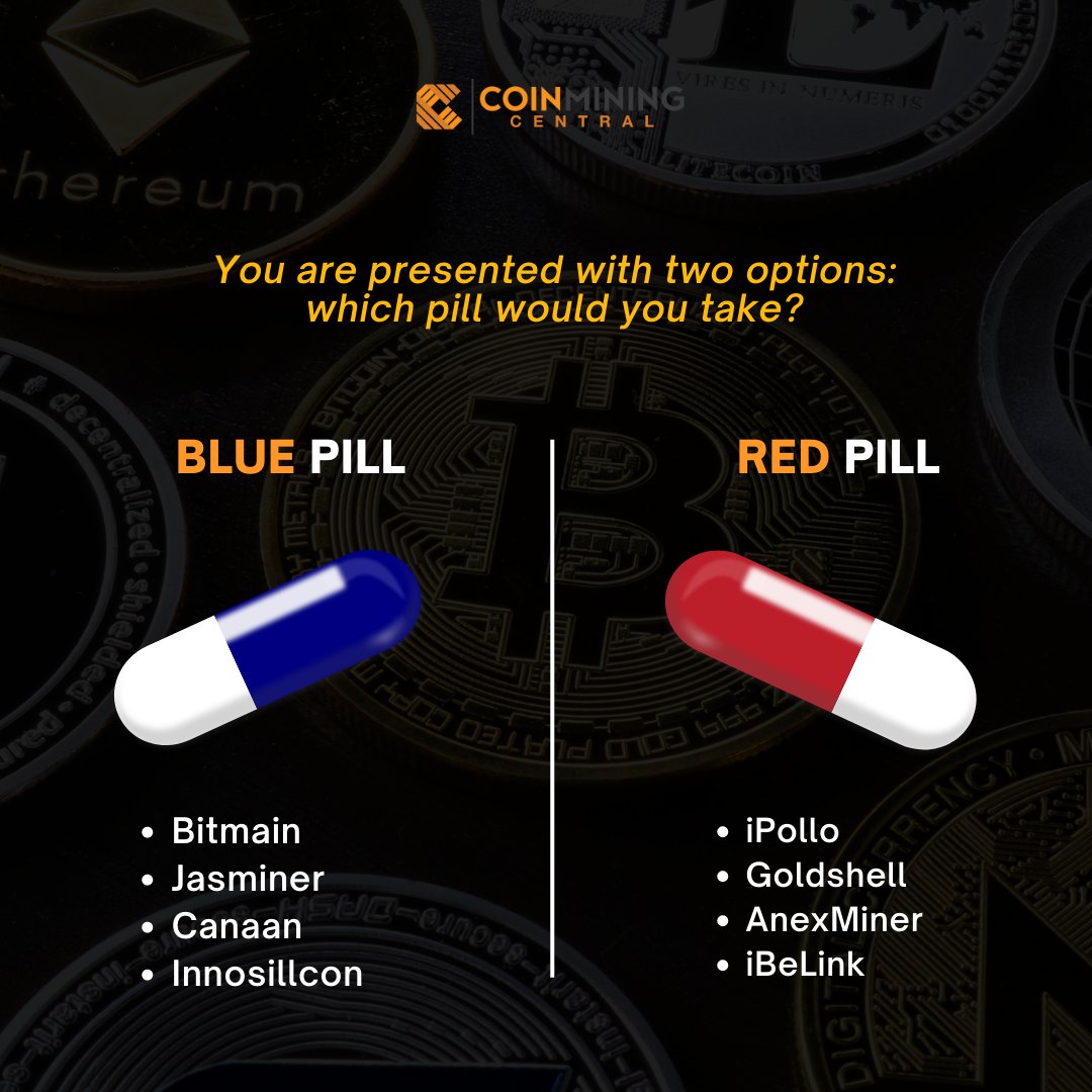 mining_central's tweet photo. 🔵 Blue or 🔴 Red pill - choose yours!

Here are some of the miner brands that are available in our website. Which one would you pick?

Share your answer below!

#Bitcoin #Crypto #BitcoinMining #CryptoMining https://t.co/8GZQOYPGh0