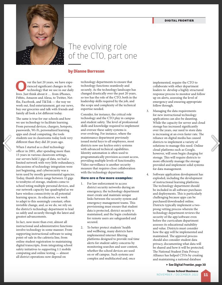 TXEdTechLeaders's tweet image. “The Evolving Role of the CTO, Part 1” by TETL Executive Director @borresondi in the latest issue of @TXSchoolBiz!  #TETL2022 #edtech  issuu.com/tasanet/docs/t…