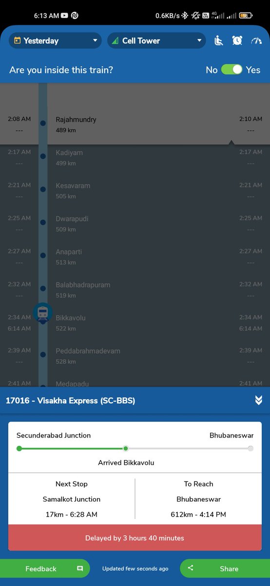 Rajesh15917142's tweet photo. Today Visakha Express 3:40 Hours Late 
I am going to hospital tuni at 6 AM 😢😢😢
Great Indian Railways....👏👏👏👏 https://t.co/hx7sBeiqJV