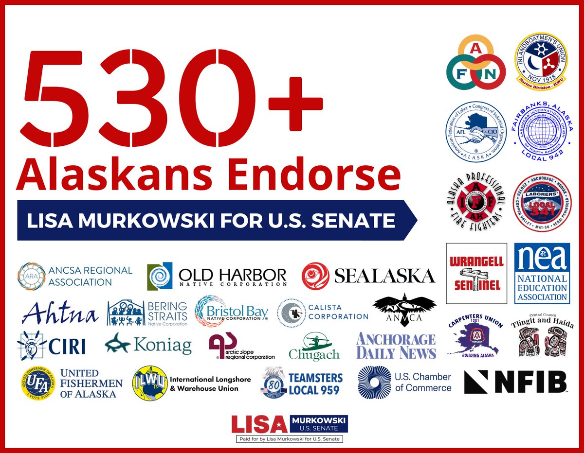 Proud to have the support of hundreds of Alaskans and countless organizations. We’ve delivered for Alaska, together. 

With only a few hours left, I hope all Alaskans will make their voices heard and #GoVote. 

#RankLisaFirst!