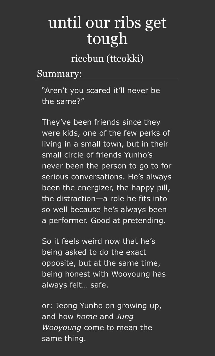 tte0kki's tweet photo. 🎇 until our ribs get tough

༓ JYH/JWY
༓ T | chaptered (1/3?) | 1.9k
༓ coming of age, childhood friends to lovers, emotional hurt/comfort (soon)

https://t.co/mMUe8u6OmM https://t.co/vbLwS1b3Ur