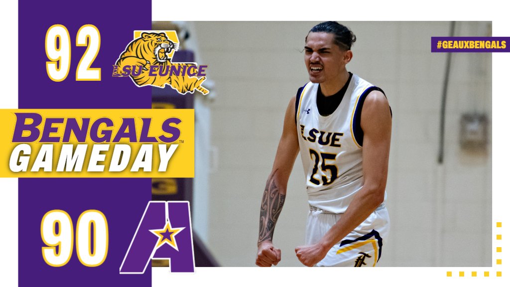 LSUEBengalsMBB's tweet photo. LSU Eunice makes the critical plays late to take down LSU Alexandria, 92-90.  The Bengals get big defensive stops late from Kiani Saxon and a layup from Nasir DeGruy with 1.2 seconds left to grab the win.

#GeauxBengals
#EarnYourStripes https://t.co/qGlyGIqhPH