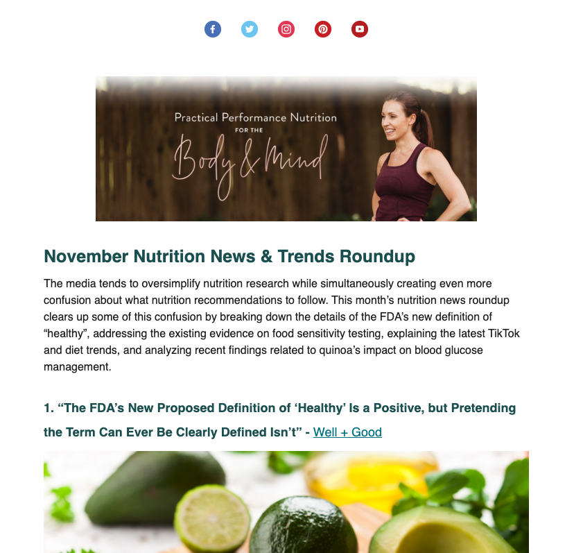 The November edition of our nutrition trends newsletter is out and covers FDA’s new definition of “healthy”, food sensitivity tests, salt water flushes, and more. Check it out here, and hit subscribe in the top left if you want to see these in your inbox! mailchi.mp/b8052e14a722/b…