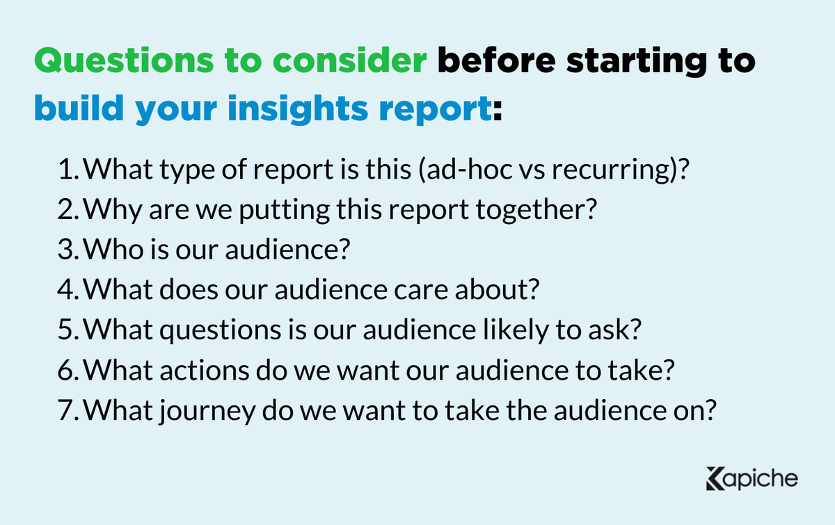 kapicheofficial's tweet photo. HOW TO CREATE AN AWESOME INSIGHTS REPORT: Step 1️⃣

Identify a clear purpose for the report before you start pulling together insights.

Considering the questions below will help you define the purpose of the report, and your answers will help create the flow of your report. https://t.co/ekNzRZ8r1O