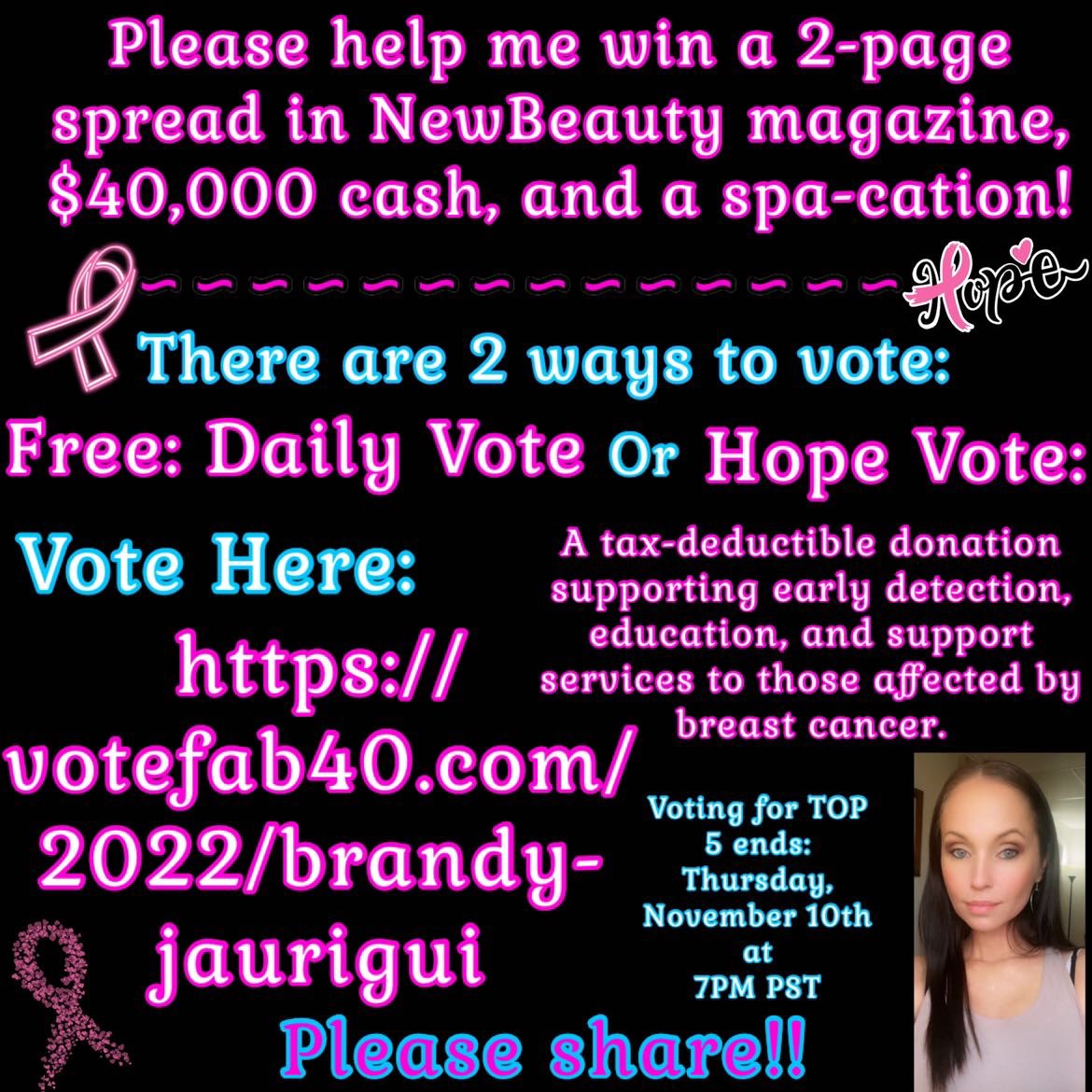 BrandyJaurigui's tweet photo. @JeffreeStar #Vote #BreastCancerAwareness #DonateForBreastCancerResearch #FreeVotes #HelpMeWin #FabOver40 #Vote2022 #RetweeetPlease #Support #VoteHere: https://t.co/WWj7yztLWv https://t.co/XrdICJmGB4