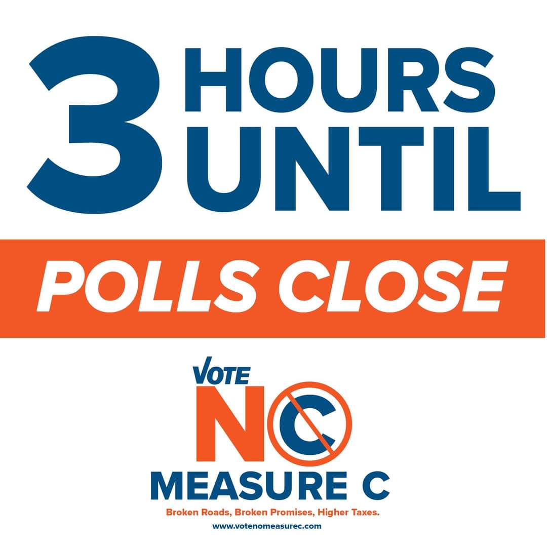 nomeasurec's tweet photo. ⚠️⚠️⚠️ATTN: 3 HOURS UNTIL POLLS CLOSE AT 8 P.M.! If you haven’t already, head to the polls and Vote NO on Measure C. https://t.co/cjGaLqKAog