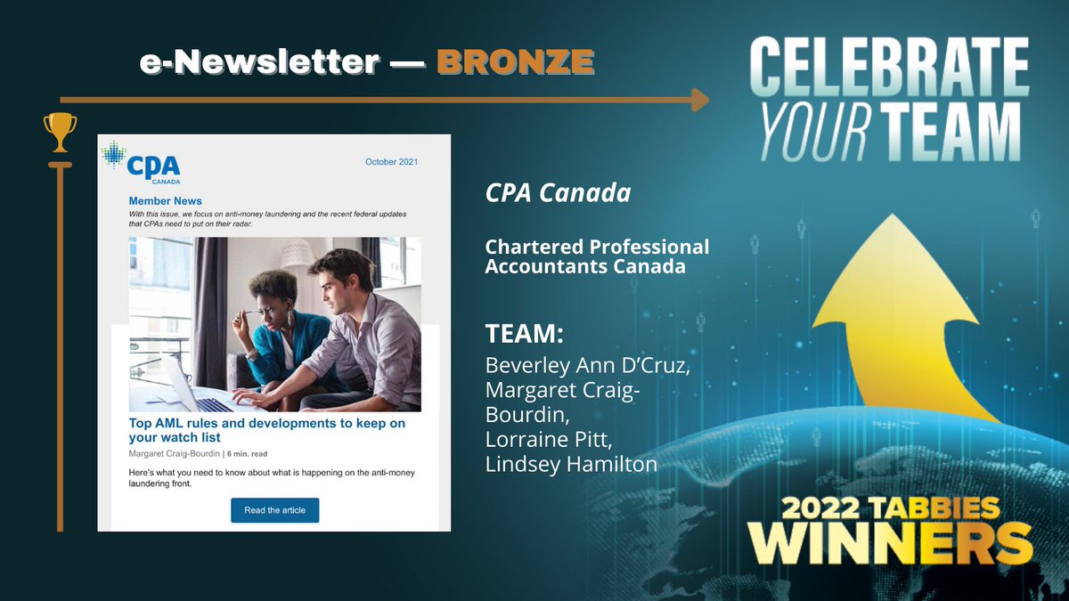 TabbieAwards's tweet photo. Tabbies Tuesdays: CPA Canada, @CPAcanada, wins 2022 Tabbie Awards, e-Newsletter, Bronze Award! 🏆  Judge: "Neatly structured newsletter with clearly defined sections and links." More: https://t.co/eREhgbxW3u.

#TabbieAwards #B2B #Journalism #CPACanada #Accountants #Accounting https://t.co/Axzk2NTiIR