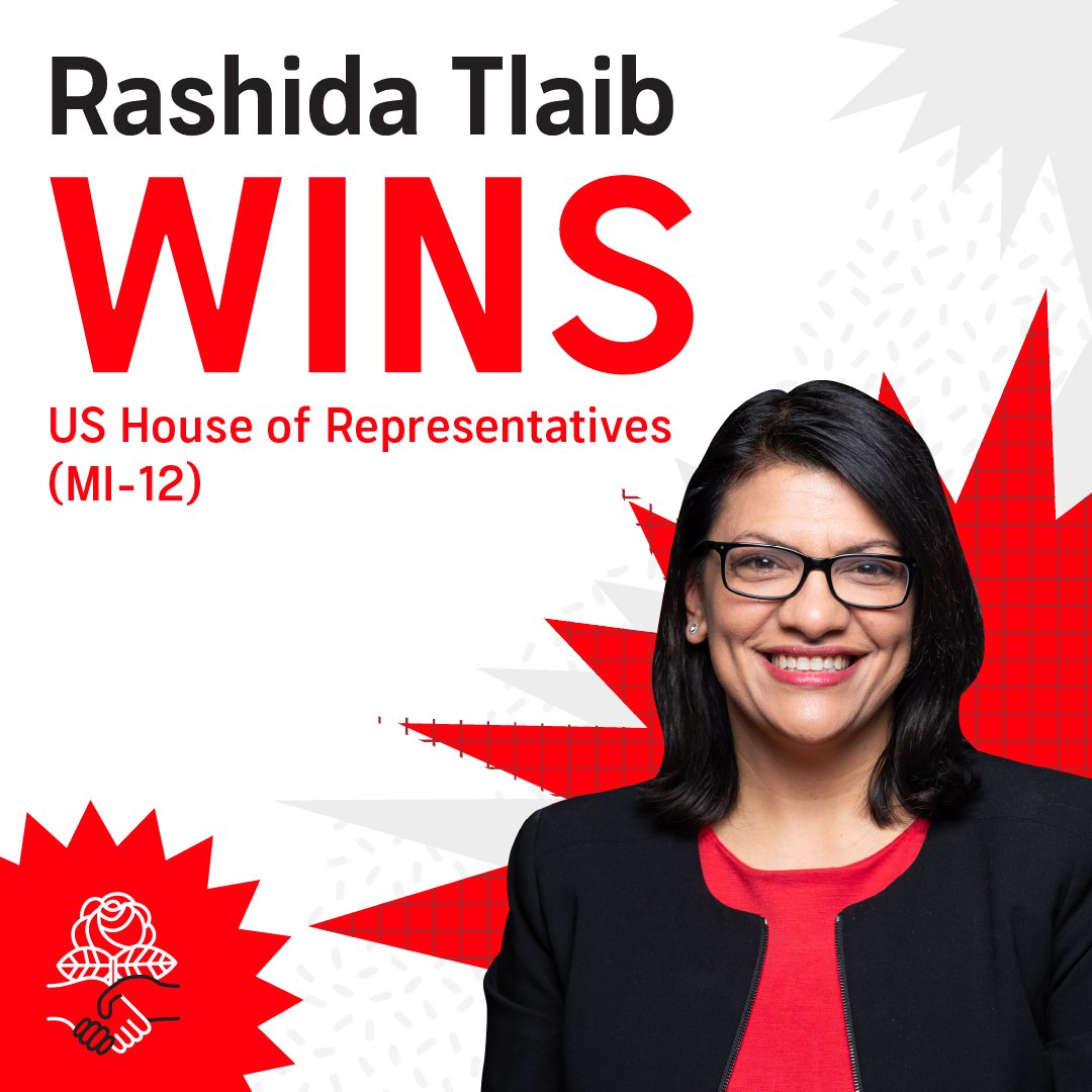 DemSocialists's tweet photo. .@RashidaTlaib and @detroitdsa WIN re-election to Michigan’s 12th US House district. Back to delivering economic, housing, racial, immigration, and environmental justice for her community. https://t.co/Ub5MMAMjY9