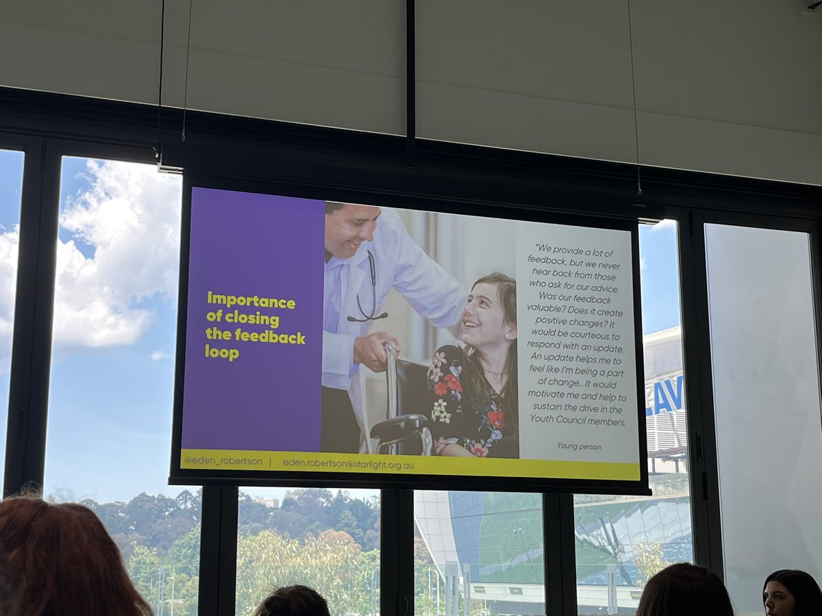 Another wonderful <a href="/Starlight_star/">Starlight Australia</a> presentation: <a href="/Eden_Robertson/">Eden Robertson, PhD</a> highlights key challenges to overcome to truly hear young peoples voices in healthcare.

Opportunities for improvement: closing the feedback loop and ensuring priority groups have opportunities to be heard #AAAH2022