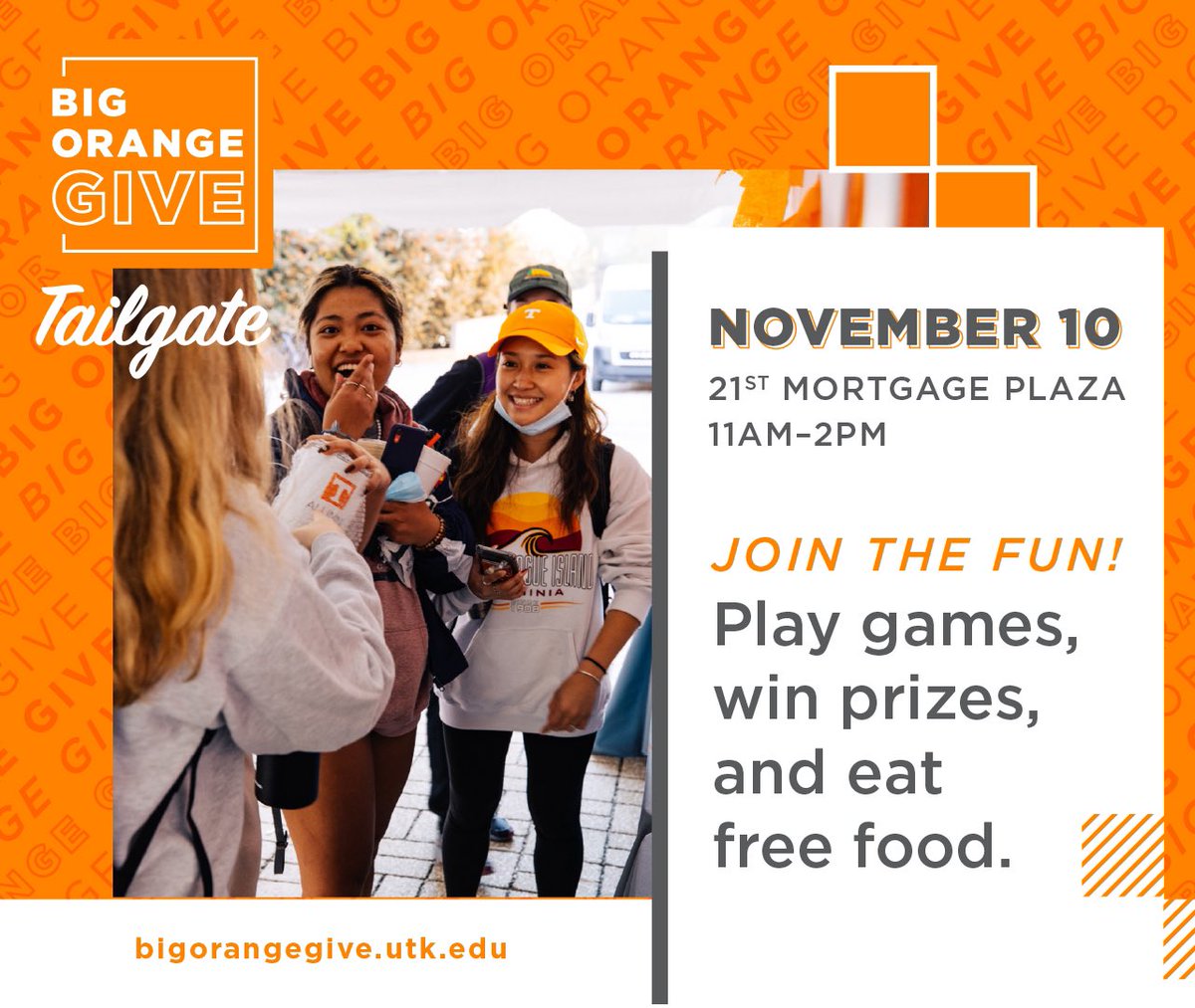 UTK_SAA's tweet photo. Big Orange Give is just TWO DAYS away! 🍊 Join us in celebrating the 10th Annual Big Orange Give at our Big Orange Give Tailgate! Win some cool prizes, enjoy free food, &amp; learn more about becoming a student donor! #BigOrangeGive https://t.co/JwFdEuCX6x