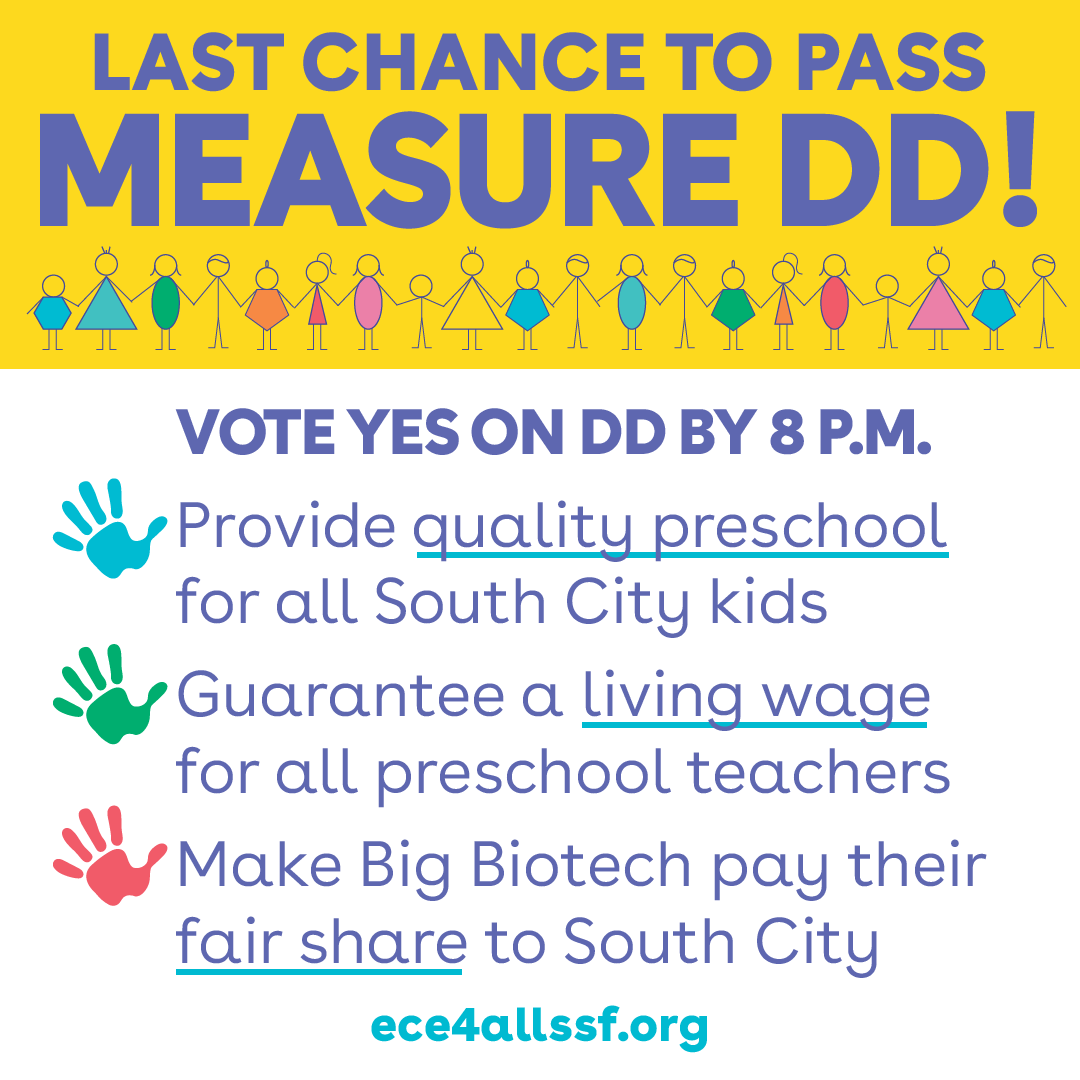 ece4allssf's tweet photo. Hey, last-minute voters! It's your last chance to vote YES on #MeasureDD—the polls close at 8pm! If you've already filled out your ballot, please return it to a drop box by 8pm. For all drop box locations in SSF and San Mateo County, visit https://t.co/mjdnqqwlRJ! #yesonddssf https://t.co/gAgV7CCUBR