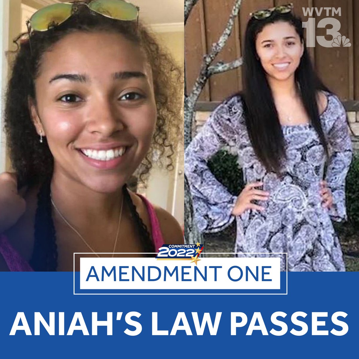 WVTM13's tweet photo. Voters pass Aniah’s Law, named after slain Homewood native 

Voters have passed Amendment 1, which will allow judges to deny bond to those who are charged with committing violent crimes. https://t.co/TBLJml9za2 https://t.co/gGi1XSFC1c