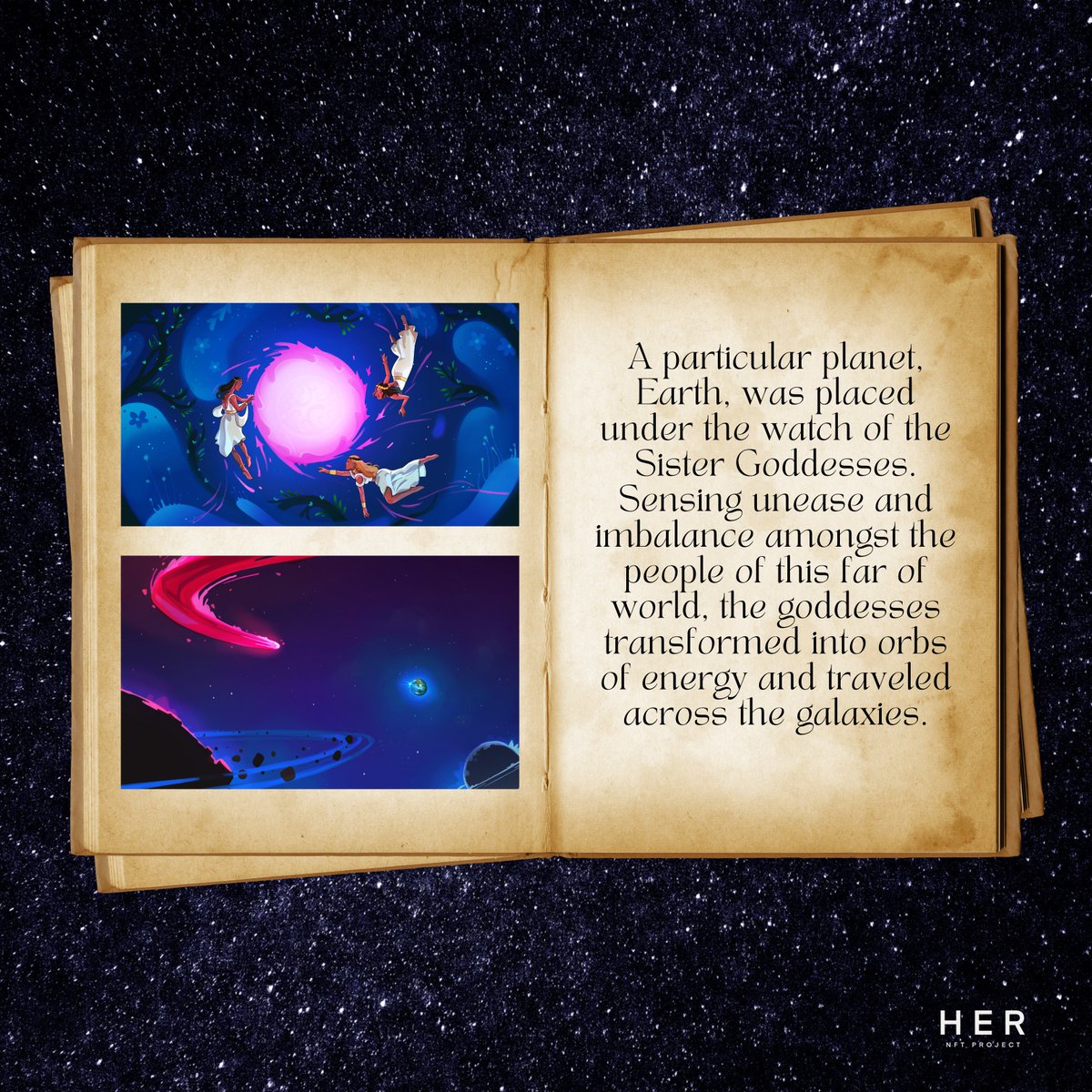 hernftproject's tweet photo. HER Lore 🔮 3/6

A particular planet, Earth, was placed under the watch of the Sister Goddesses. Sensing unease and imbalance amongst the people of this far of world, the goddesses transformed into orbs of energy and traveled across the galaxies. https://t.co/qWdkMGww80