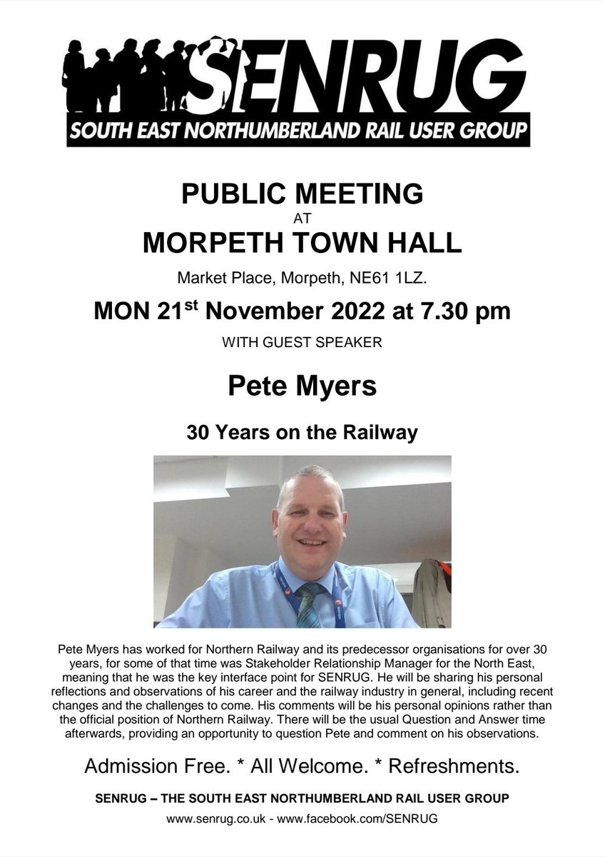 SENRUG_2004's tweet photo. Next #SENRUG Public Meeting. 

SENRUG campaigns for #NewcastleBerwickLine &amp; has successfully campaigned for #NorthumberlandLine - now in the works! Please feel free to RT and follow us! https://t.co/bcknN7JZGr