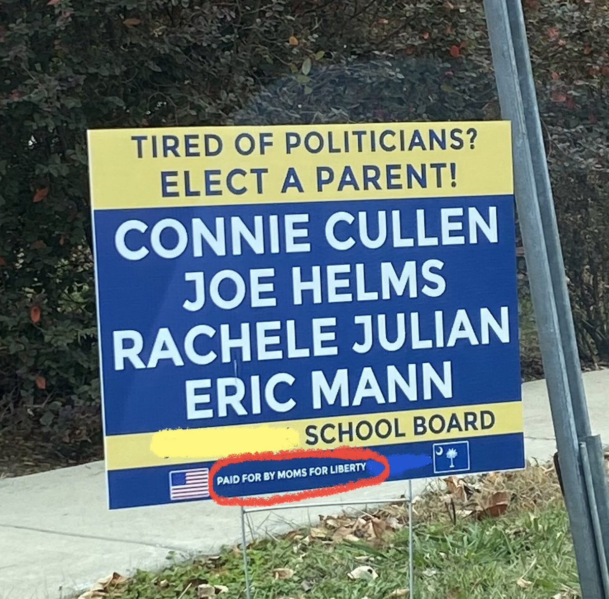 Definitely my favorite yard sign this #ElectionDay. Because nothing says “we aren’t politicians” like “paid for by moms for liberty.”
