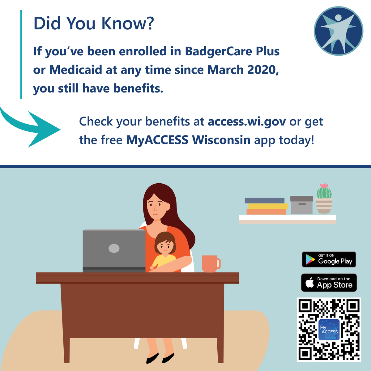 DHSWI's tweet photo. #DidYouKnow? If you’ve been enrolled in #BadgerCare Plus or #Medicaid at any time since March 2020, you still have benefits!
Visit https://t.co/def5Xu96B6 or the #MyACCESS app to keep up with them. Make sure to allow push notifications to get important updates anywhere, anytime. https://t.co/girLCOpXCR