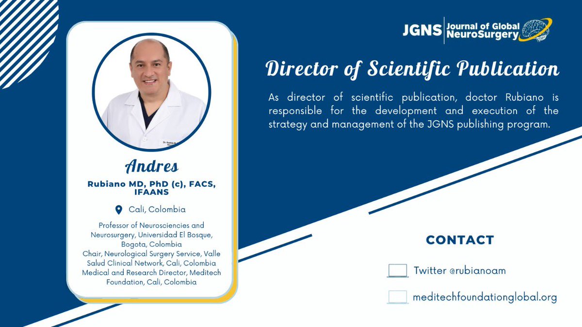 journalGNS's tweet photo. Introducing our Director of Scientific Publication, @rubianoam. Thank you Dr. Rubiano for all that you do for the journal! #BlueJournal #GlobalNeurosurgery https://t.co/2Xxf9PFJnD