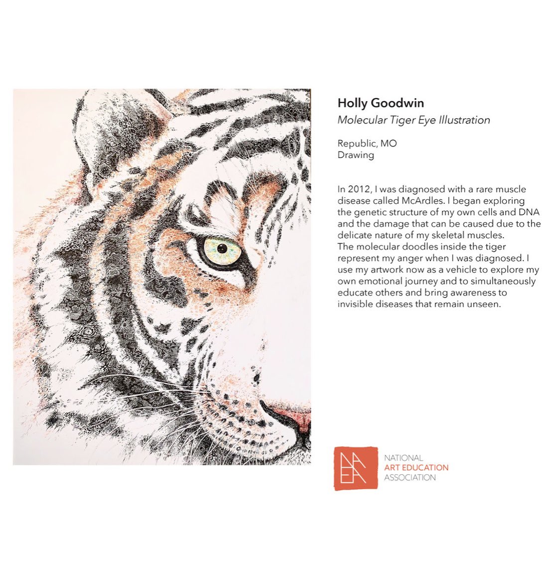 HollyGoodwinArt's tweet photo. I am so honored and overjoyed to have my original ink illustration, “Molecular Tiger” selected as part of the National Art Education Association member show 2022. This was one of 80 pieces selected Nationwide to be showcased online. (🎨 “Molecular Tiger” Ink on paper, 24”x30”) https://t.co/Vvq7TCxmew