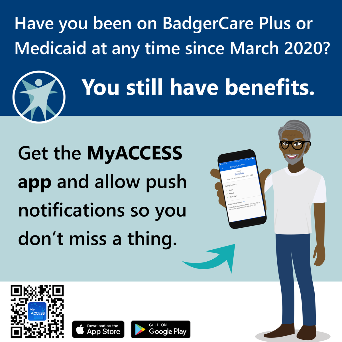 DHSWI's tweet photo. Reminder: 
If you’ve been enrolled in #BadgerCare Plus or #Medicaid at any time since March 2020, you still have benefits!
➡ Visit https://t.co/def5XtRvJy or get the #MyACCESS app and allow push notifications so you don’t miss a thing. https://t.co/i4AJ2wWlN3