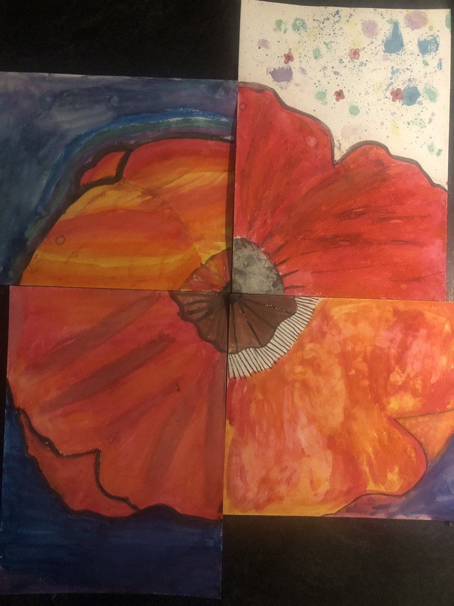 MrsKernohan's tweet photo. Beautiful watercolour poppies created by @SunderlandPS 4/5 students. 

They each created a quarter of a poppy to create meaningful, collaborative art. https://t.co/e8yNEPT6vt