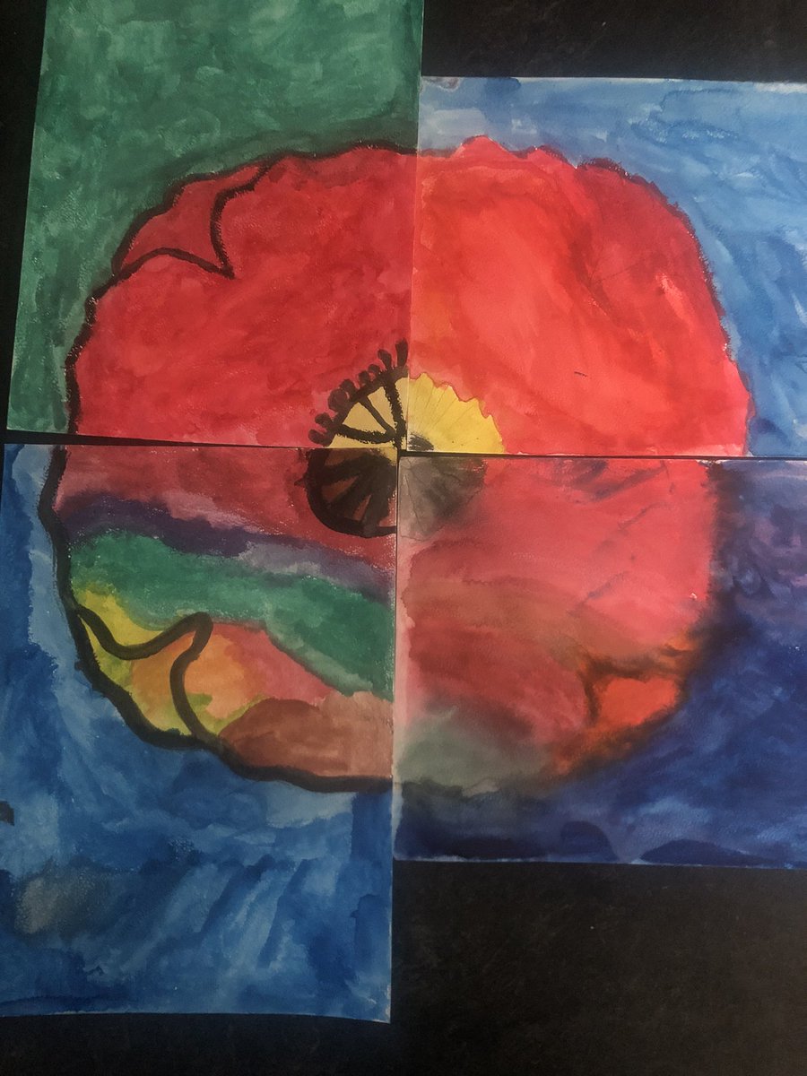 MrsKernohan's tweet photo. Beautiful watercolour poppies created by @SunderlandPS 4/5 students. 

They each created a quarter of a poppy to create meaningful, collaborative art. https://t.co/e8yNEPT6vt