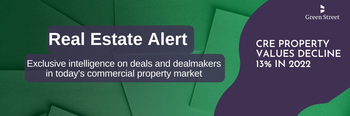 GreenStreet_CRE's tweet photo. Green Street’s Market Monitor &amp; #CPPI published in today’s #RealEstateAlert reported that private-market property values dropped 13% on average this year. CRE continues to be expensive relative to fixed-income alternatives: https://t.co/VxSqIZ76df. https://t.co/JPOQAzCYFQ
