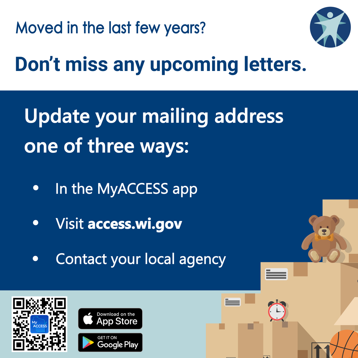 DHSWI's tweet photo. Moved in the last few years? If you’re part of a state program like #BadgerCare Plus or #FoodShare, make sure we have your current mailing address. Update it: 
⏺ Through the #MyACCESS app
⏺ Online at https://t.co/def5Xu96B6
⏺ With your local agency: https://t.co/A1wqBuZsrQ https://t.co/pe3cpxqhnz