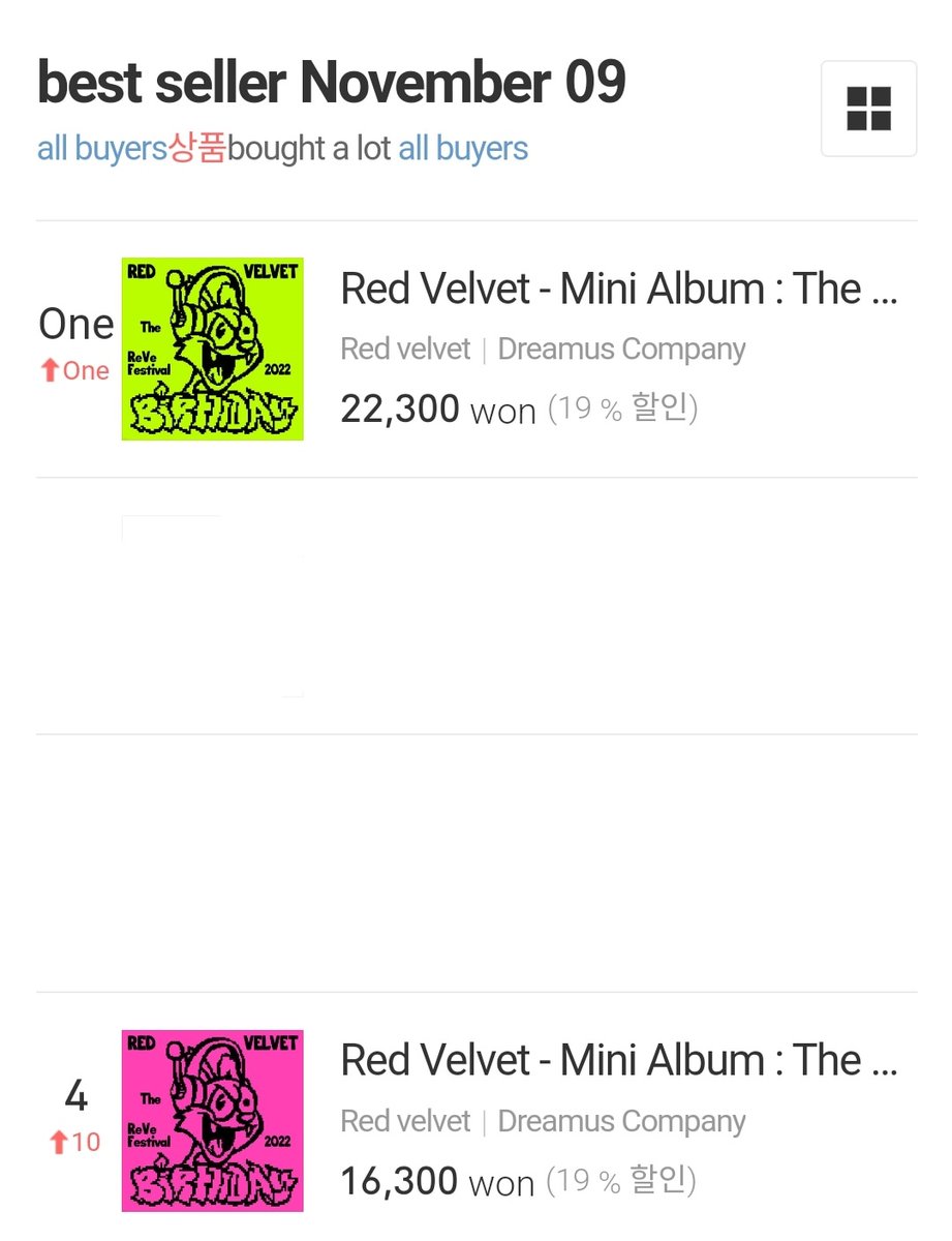 reveallthetime's tweet photo. "The Reve Festival 2022 - Birthday" both albums are on Yes24 Daily Chart [9/11]. Yes24 is a largest album store in Korea 

#1 Cake Ver. (+1)
#4 Photo Book Ver. (+10)

#RedVelvet #RestockBirthday @RVsmtown 
STOP RED VELVET MISTREATMENT https://t.co/aGPyYuNVH3
