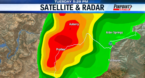 LaurenWallaceWx's tweet photo. 5:30 PM...lightning, thunder, hail, and heavy rain for #Prather and #Auberry. Expect low visibility on the Four Lane from the heavy rain.
#cawx https://t.co/sXiCU66aqn