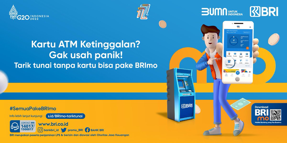 promo_BRI's tweet photo. Hai Sobat BRI,
Mau tarik tunai tapi lupa gak bawa kartu? 
Gak perlu panik, kamu bisa tarik tunai praktis pake BRImo.
Info lebih lanjut kunjungi: https://t.co/0MCCz0Bgud
.
klik link https://t.co/hg0dkBgjHg.
#BRI #BRImo #SemuaPakeBRImo https://t.co/I2lpR4wI5a