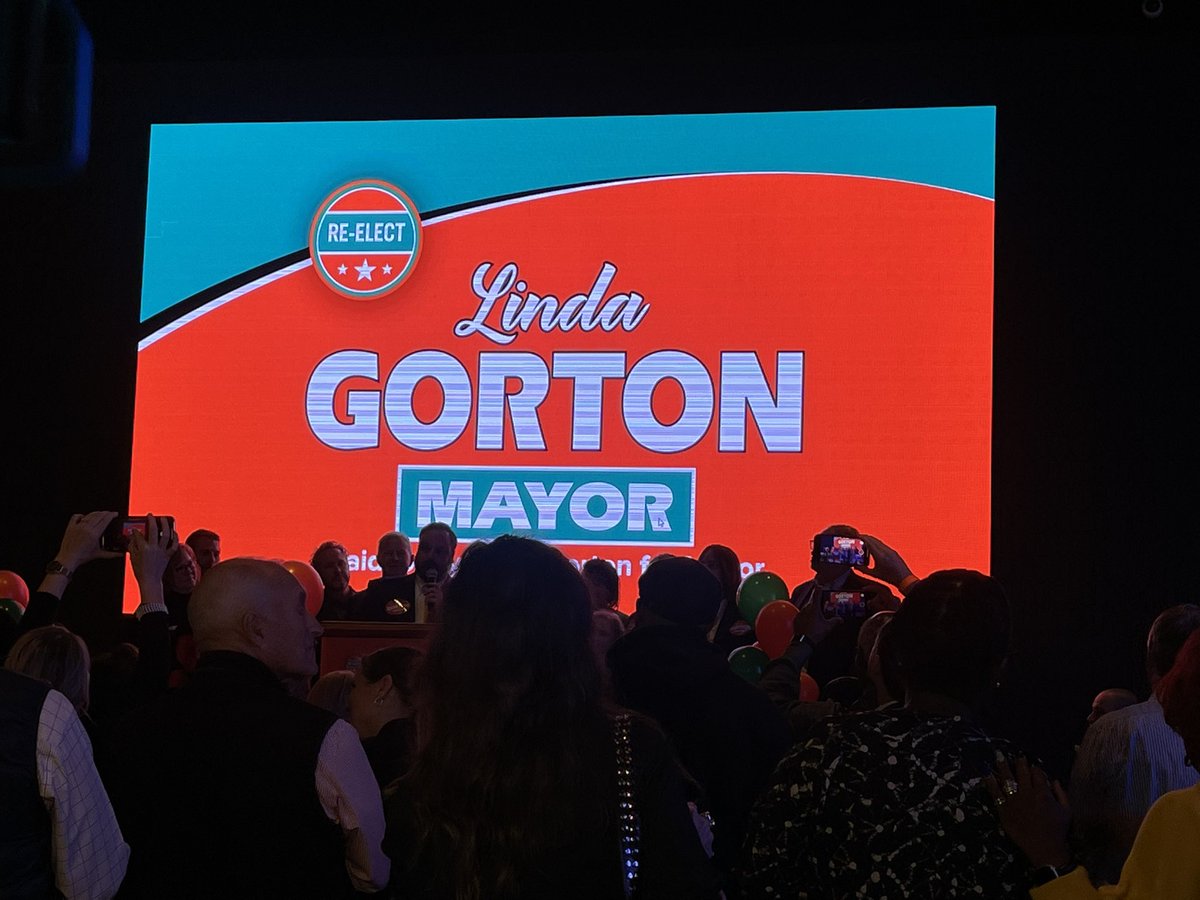 With the Mayor Linda Gorton campaign tonight at LexLive, Mayor Linda Gorton has won re-election as the results come in, crowd chants *4 more years* .
