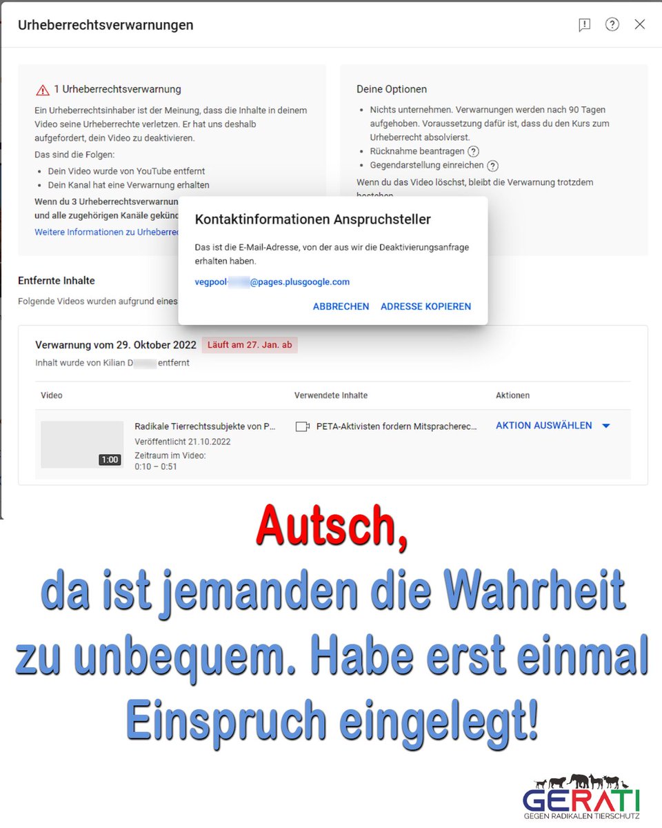 Gerati_de's tweet photo. Ups, da kann wieder einmal jemand aus dem Umfeld von PETA jemand die Wahrheit nicht vertragen!
Einspruch wurde eingelegt – warten wir mal ab! #GERATI
„DIE WAHRHEIT LÄSST SICH NICHT VERBIETEN!“ https://t.co/FzxAKEkEos