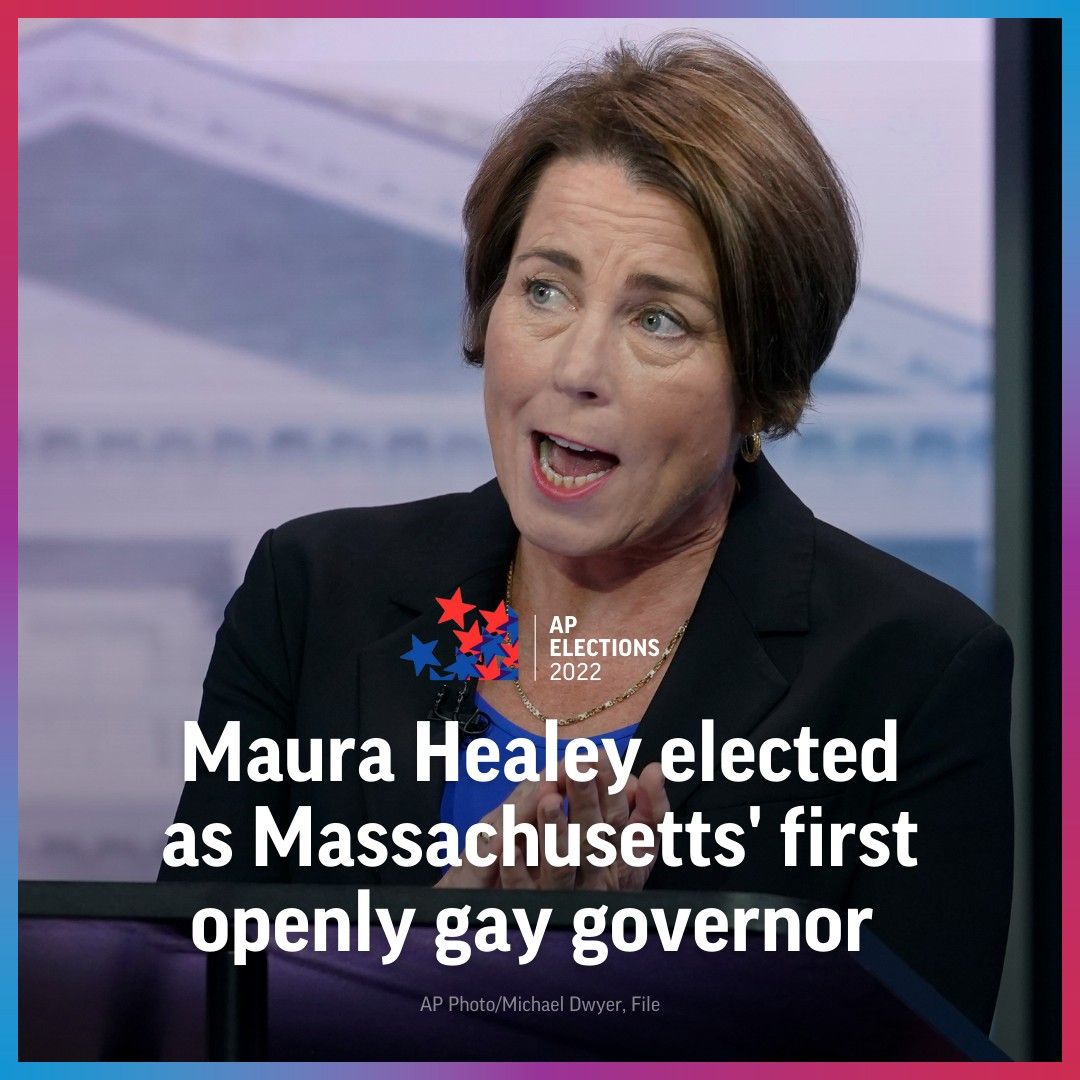 AP's tweet photo. Democrat Maura Healey became the first openly gay governor in Massachusetts' history. She is also the first woman elected governor of Massachusetts. https://t.co/VmdLpMcTjF https://t.co/7jgL88lZOZ