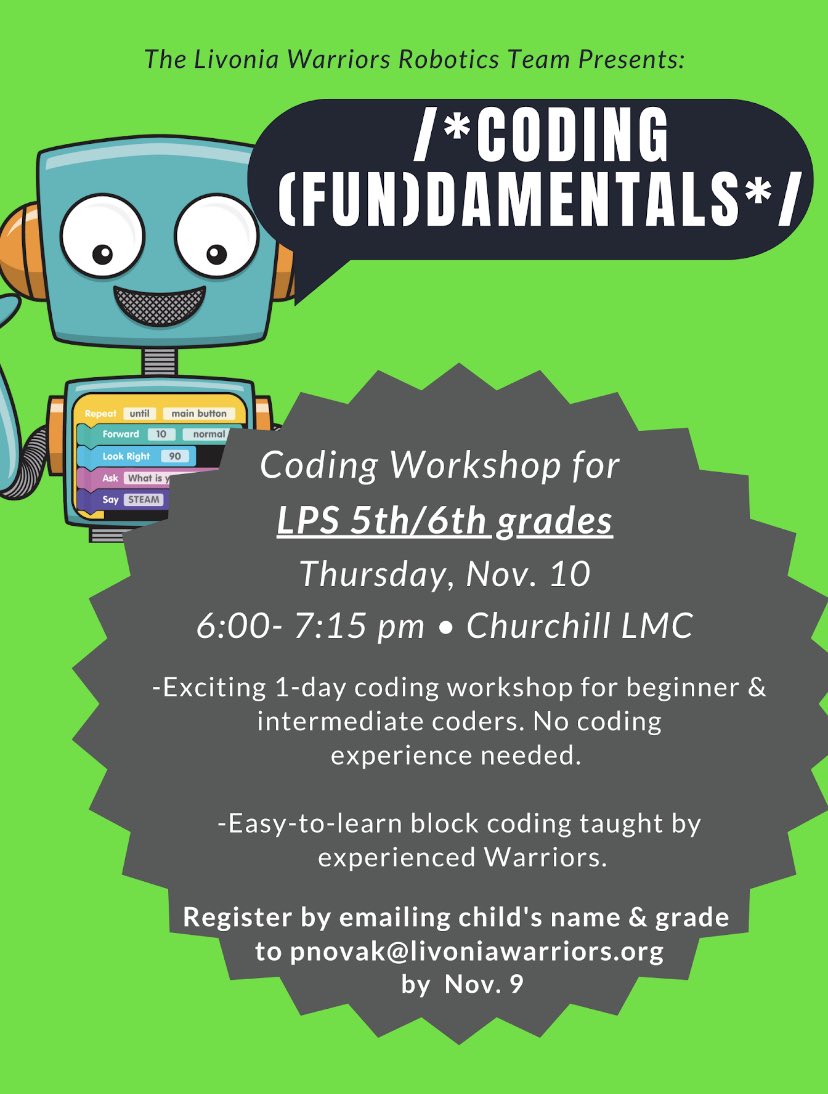 Attention LPS 5th and 6th graders!!! We are hosting a beginner’s coding workshop this Thursday, register now!
