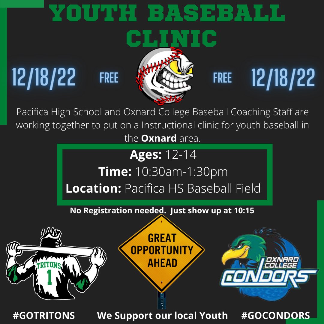 OCCondorbsbl's tweet photo. Back again! @PHS_Baseball17 and Oxnard College FREE youth clinic. @OCCondors @OCAAA21 https://t.co/IOX6EkS16S