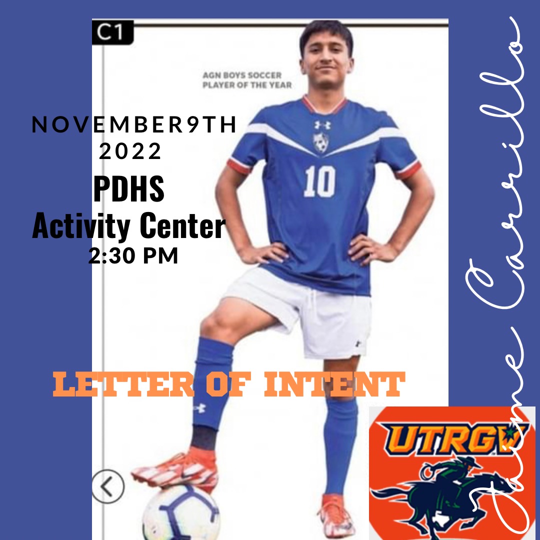 Sergio Castillo (@elcastidelsur) on Twitter photo The #1 recruit for <a href="/UTRGVMSoccer/">UTRGV Men's Soccer</a> will be signing his National Letter of Intent tomorrow!
Join <a href="/Jaime233775191/">Jaime Carrillo</a> for his BIG DAY!
📍PDHS Activity Center
Time: 2:30 pm The #1 recruit for <a href="/UTRGVMSoccer/">UTRGV Men's Soccer</a> will be signing his National Letter of Intent tomorrow!
Join <a href="/Jaime233775191/">Jaime Carrillo</a> for his BIG DAY!
📍PDHS Activity Center
Time: 2:30 pm