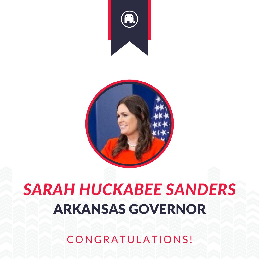 Congratulations to @SarahHuckabee on a well-deserved win in Arkansas tonight!