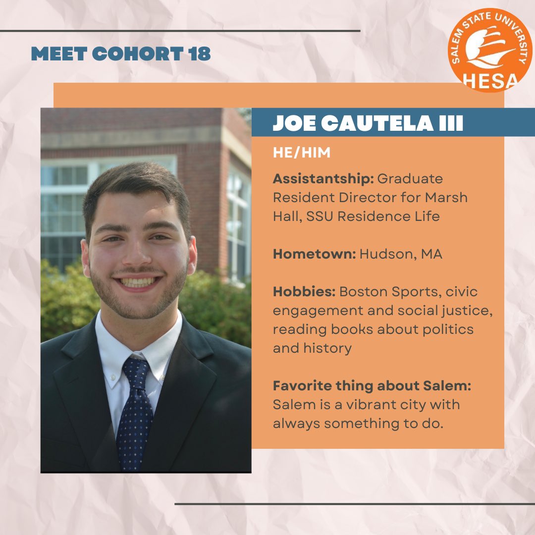 SSU HESA Cohort 18 is so excited to welcome Cohort 19! Over the next few weeks, we will be introducing our current students and sharing about their backgrounds, assistantships/roles, and favorite things about Salem 🍁

This week, meet Erin, Mercy, and Joe from Cohort 18!