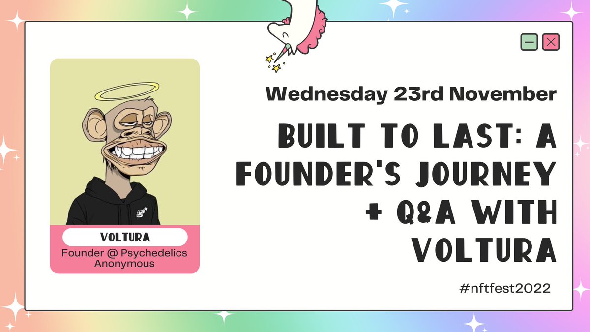 Built to Last: A Founder's Journey + Q&amp;A With Voltura <a href="/BAYC2745/">voltura.eth</a> from @psychedelic_nft 🦄

IRL • Keynote • Day One • Wed 23rd Nov

Find out more > nftfest.com.au