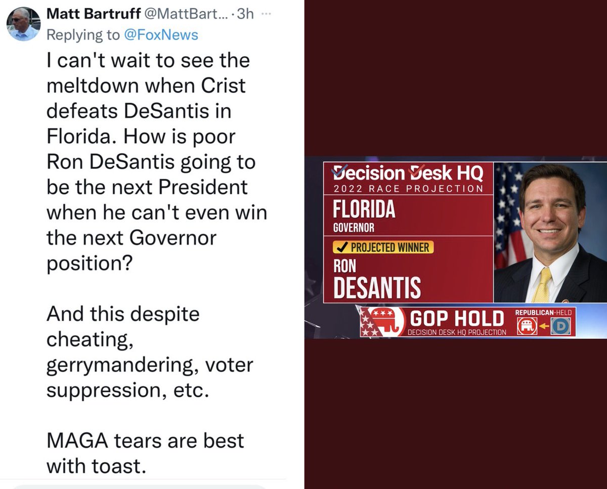 bj_vanmeter's tweet photo. Hey @catturd2 should we ask him how that toast taste now😂 Congratulations @GovRonDeSantis https://t.co/A2p8OxaxKC