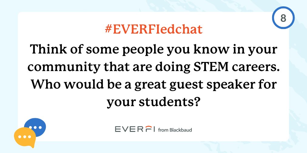 EVERFIK12's tweet photo. Q8: Think of some people you know in your community that are doing #STEM careers. Who would be a great guest speaker for your students?
#EVERFIedchat #STEMed #CareerEd https://t.co/Aw23Kj3Y5V