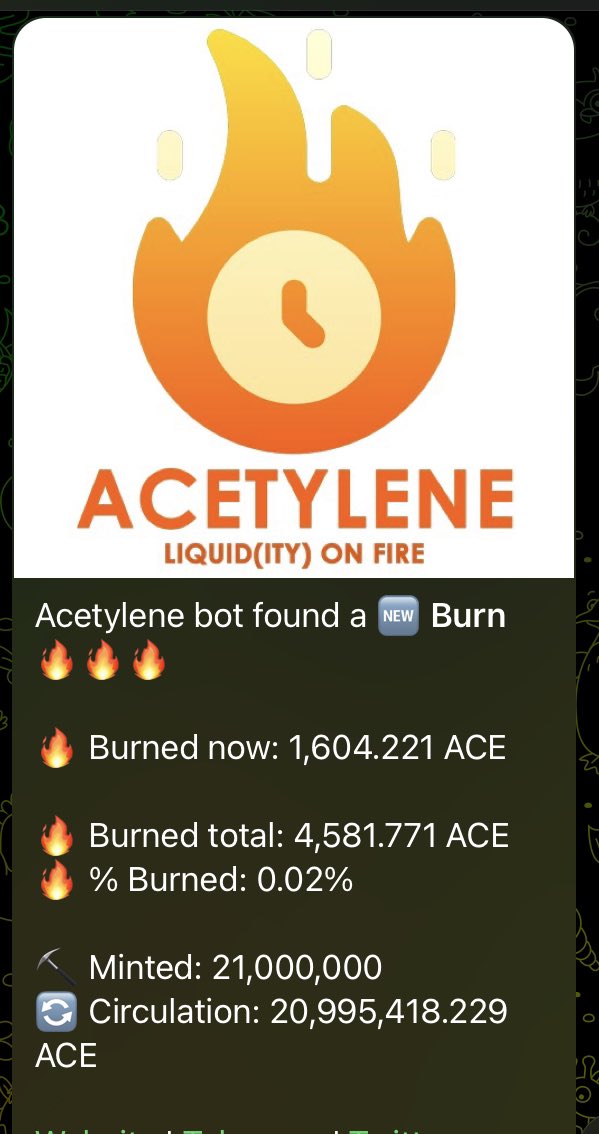 5th burn imminent 🔥
Good entry 👀
Micro cap launch with scorching tokenomics 🔥🥵

Burning on the hour every hour
Burning from the liquidity pool
Burning without volume

Building liquidity pool with 5% tax

Liquidity locked FOREVER

Contract Renounced 

t.me/acetylenetg