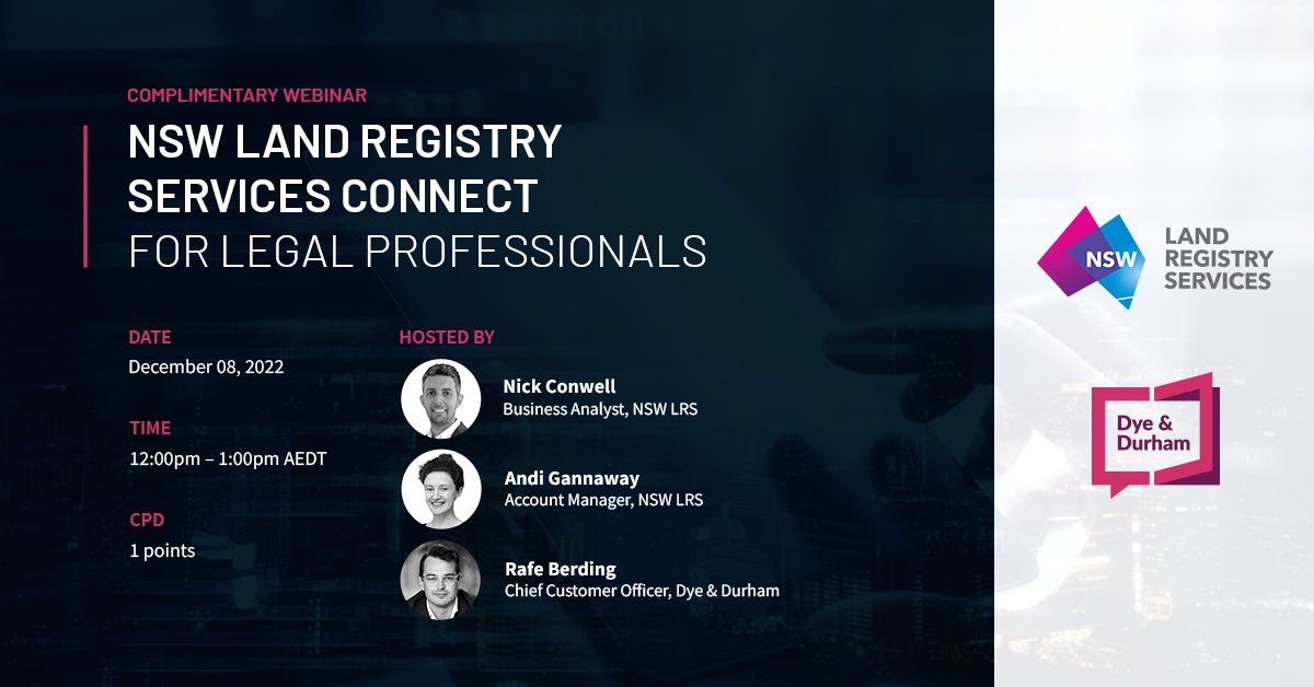 Hear from <a href="/NSWLandRegistry/">NSW Land Registry Services</a> about the upcoming changes with Release 3 of NSW LRS Connect in early 2023. 

Register now for our complimentary webinar:
register.gotowebinar.com/register/82587…

#DyeDurham #NSWLRS