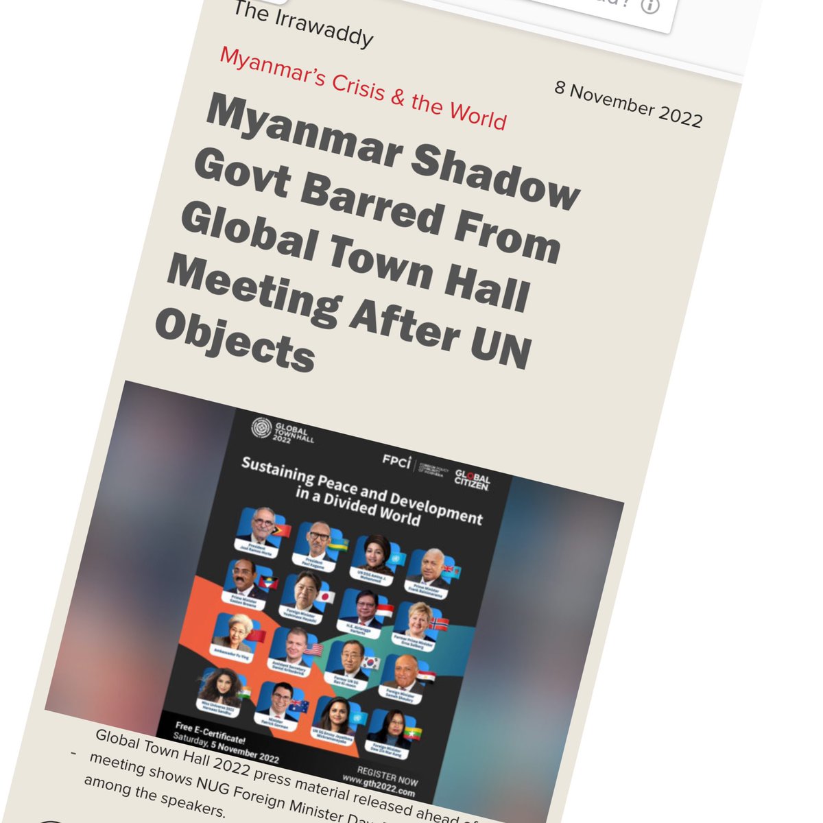 mashwemoe2021's tweet photo. Two representatives of Myanmar  National Unity Government (NUG) were barred from participating in the Global Town Hall 2022 meeting at the last minute. What is the UN for the people of Myanmar?
#2022Nov9Coup #HelpMyanmarIDPs #WhatsHappeningInMyanmar https://t.co/0EnLCRkzeK