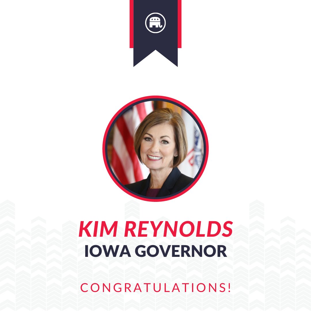 GOP's tweet image. Cheers to Governor @KimReynoldsIA on another win in Iowa!