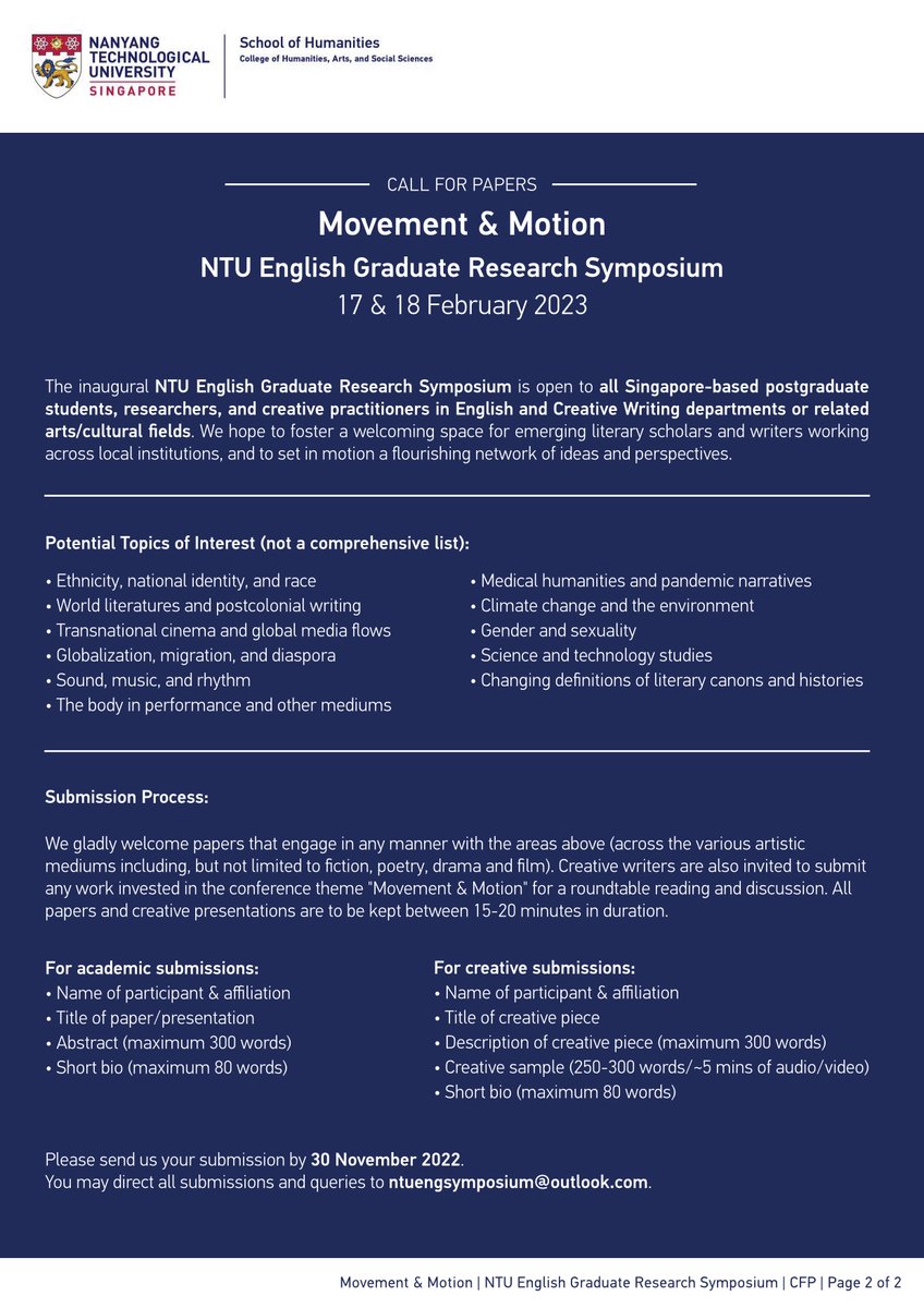 #CfPAlert Calling all 🇸🇬-based postgrads, researchers, and creative writers in English &amp; Creative Writing departments! Submit your paper abstract or creative piece to the inaugural <a href="/NTU_English/">NTU English</a> Graduate Research Symposium on the theme “Movement &amp; Motion” by Nov 30. 📚🧑‍💻💬 #sglit