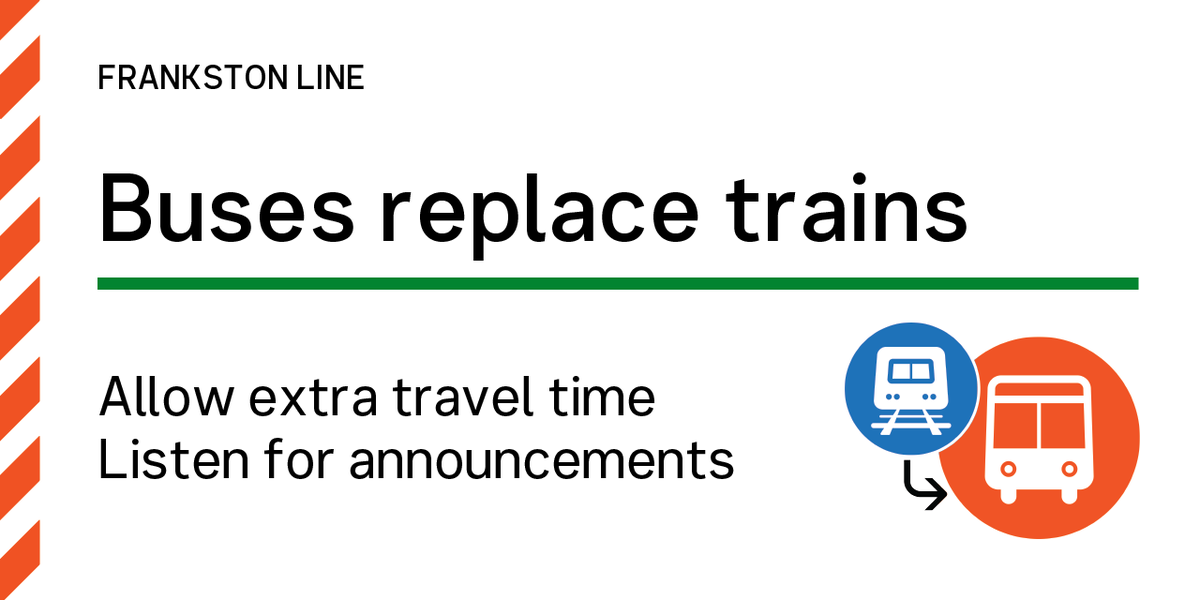 metrotrains's tweet photo. ⛔ Frankston line: Buses replace trains Cheltenham - Mordialloc due to a motor vehicle hit by a train.

>Buses ordered, ETA 60 minutes.
>Allow extra travel time and consider local transport options.

Check information displays and listen for announcements. https://t.co/iIacHbOYj3